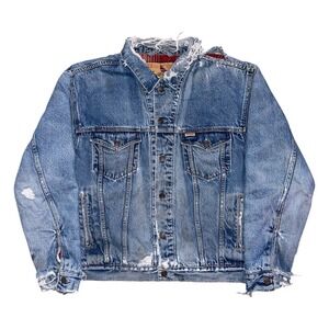 Levi Strauss Signature Mens Distressed Flannel Lined Denim Trucker Jacket Blue L
